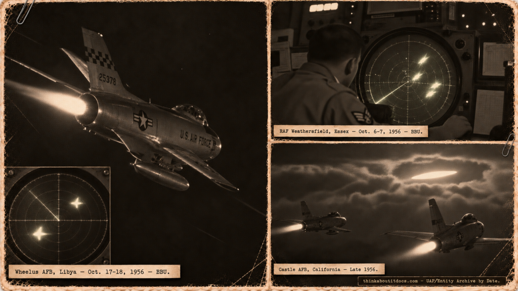 Three-panel 1950s military press-photo collage: an F-86D in afterburner over Libya with a radar scope showing solid returns but no visual, a GCA radar operator at RAF Weathersfield tracking B-36-sized targets, and two F-86s in afterburner pursuing a luminous elliptical shape through clouds at Castle AFB California.