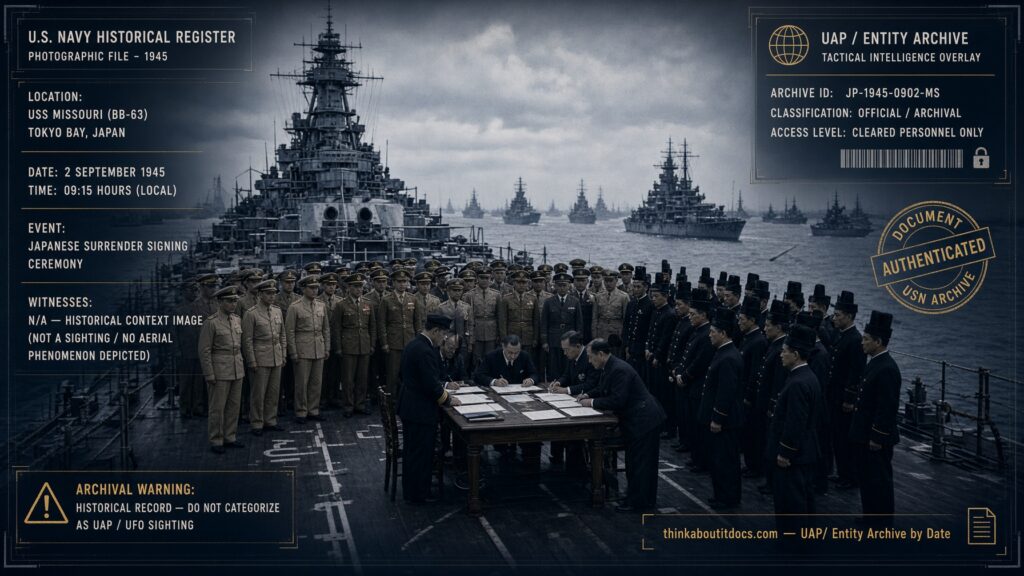 Allied officers and Japanese delegates aboard USS Missouri in Tokyo Bay for the formal surrender ceremony, September 2, 1945