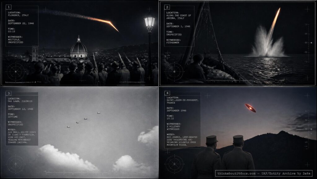 Four-panel dossier collage: the Florence Italy rocket sighting, the Ancona sea-splash object, the Oak Lawn Illinois disc formation, and the Saint-Léger-de-Fougeret France disc, all September 1946