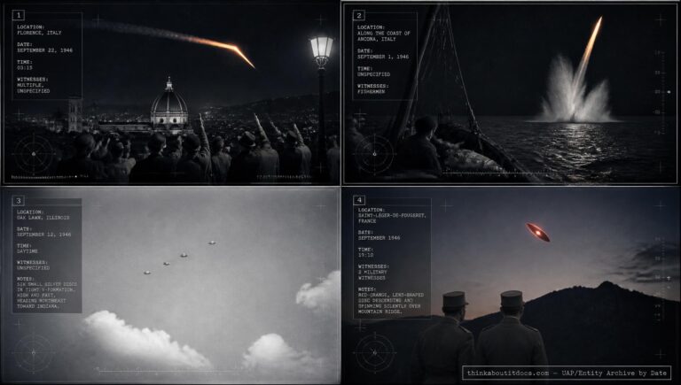 Four-panel dossier collage: the Florence Italy rocket sighting, the Ancona sea-splash object, the Oak Lawn Illinois disc formation, and the Saint-Léger-de-Fougeret France disc, all September 1946