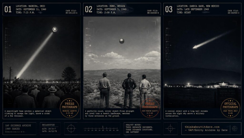 Three-panel dossier collage: the Madeira Ohio searchlight sighting, the Reno Nevada disc, and a Sandia Base green fireball, all September 1949