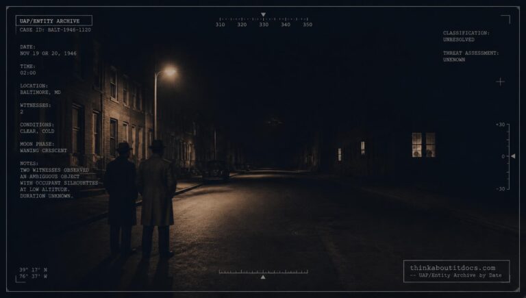 Two witnesses on a dark Baltimore street glimpse an indistinct object and occupants in the early morning hours, November 19-20, 1946