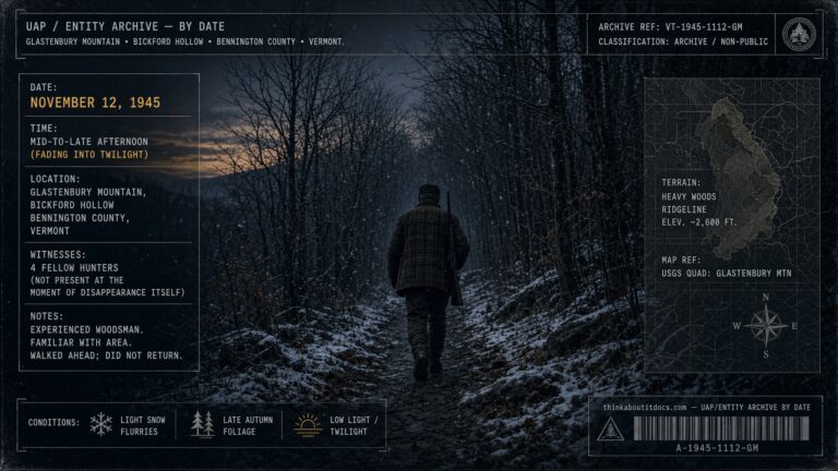 An elderly hunter walks into the fading autumn woods of Glastenbury Mountain, Vermont, moments before vanishing without a trace, November 12, 1945