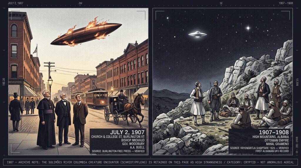 Two-panel 1907 Edwardian halftone press style intelligence dossier collage showing left Bishop John S Michaud former Vermont Governor Urban Woodbury and AA Buell standing on the corner of Church and College streets in Burlington Vermont looking up at a torpedo-shaped copper-burning object hovering 300 feet overhead with tongues of fire on its surface as a horse is knocked sideways below on July 2 1907, and right Albanian guerrilla fighter and intellectual Mihal Grameno watching a shiny hovering object stationary above a rocky Ottoman highland mountain camp at night as recorded in his 1925 memoir The Albanian Uprising