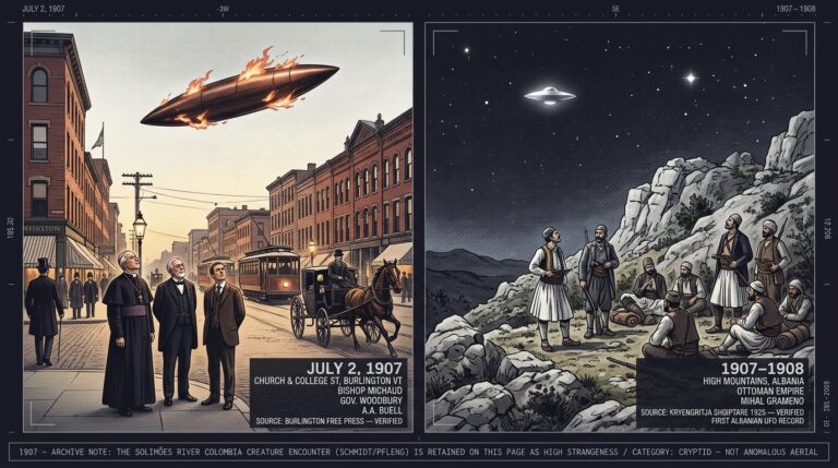 Two-panel 1907 Edwardian halftone press style intelligence dossier collage showing left Bishop John S Michaud former Vermont Governor Urban Woodbury and AA Buell standing on the corner of Church and College streets in Burlington Vermont looking up at a torpedo-shaped copper-burning object hovering 300 feet overhead with tongues of fire on its surface as a horse is knocked sideways below on July 2 1907, and right Albanian guerrilla fighter and intellectual Mihal Grameno watching a shiny hovering object stationary above a rocky Ottoman highland mountain camp at night as recorded in his 1925 memoir The Albanian Uprising
