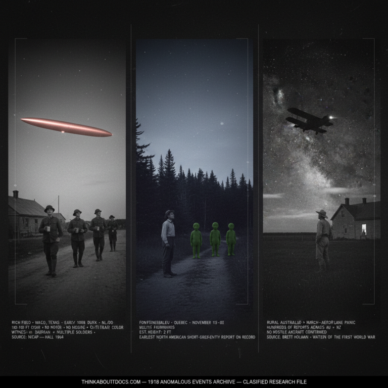Three panel WWI era silver gelatin intelligence dossier collage for the 1918 UFO UAP sightings archive showing left US Army soldiers at Rich Field Waco Texas at dusk frozen mid-stride watching a noiseless rose-flame colored cigar pass overhead at 500 feet in early 1918, center a lone witness on a Quebec forest path frozen facing several two-foot-tall green uniformed humanoid figures standing at the Fontainebleau forest edge in November 1918 in one of the earliest short-green-entity reports in the North American record, and right an Australian farmer in a paddock watching an unidentified aircraft-like object with two lights move silently against the night sky during the documented 1918 Australia and New Zealand mystery aeroplane panic