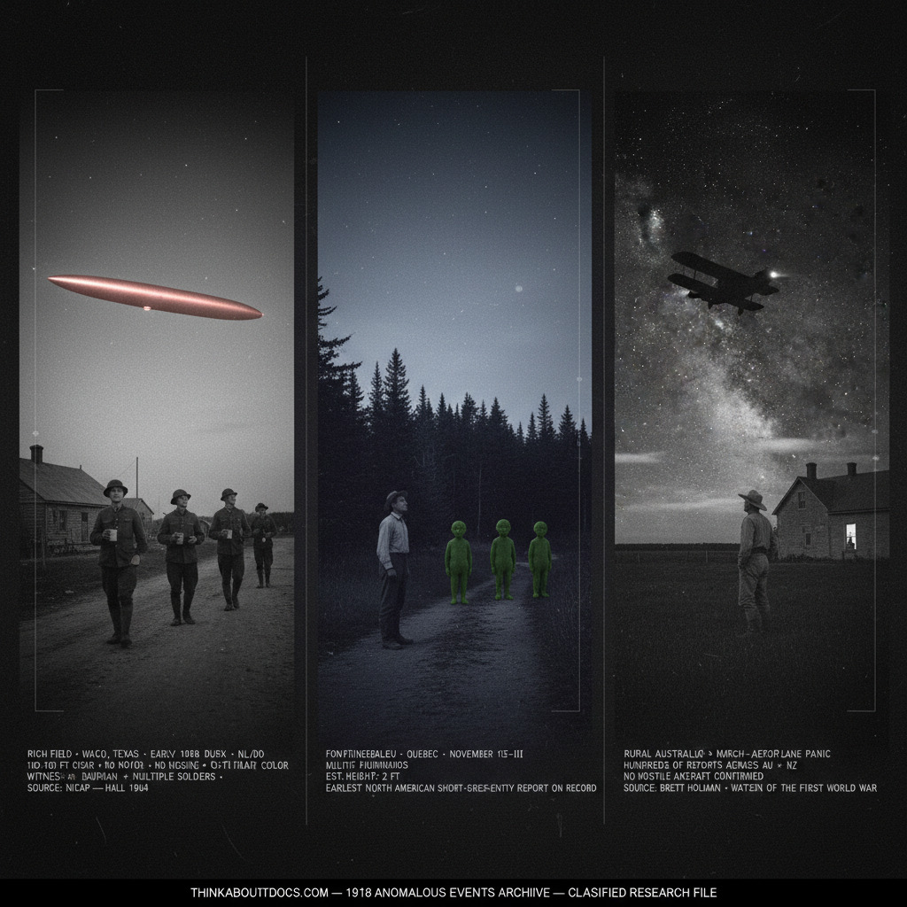 Three panel WWI era silver gelatin intelligence dossier collage for the 1918 UFO UAP sightings archive showing left US Army soldiers at Rich Field Waco Texas at dusk frozen mid-stride watching a noiseless rose-flame colored cigar pass overhead at 500 feet in early 1918, center a lone witness on a Quebec forest path frozen facing several two-foot-tall green uniformed humanoid figures standing at the Fontainebleau forest edge in November 1918 in one of the earliest short-green-entity reports in the North American record, and right an Australian farmer in a paddock watching an unidentified aircraft-like object with two lights move silently against the night sky during the documented 1918 Australia and New Zealand mystery aeroplane panic