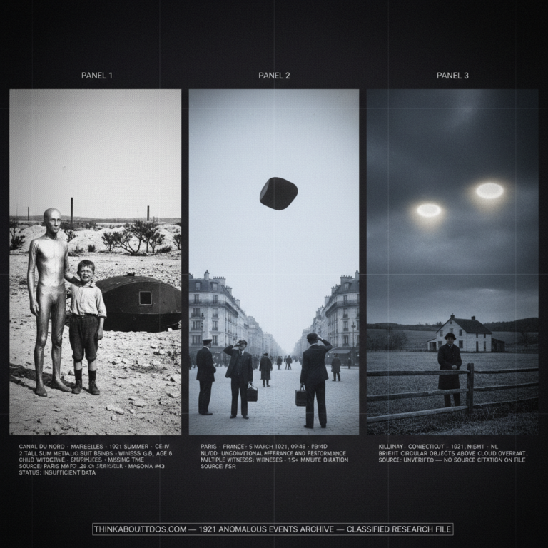 Three panel 1920s silver gelatin halftone intelligence dossier collage for the 1921 UFO UAP sightings archive showing left an eight-year-old boy crying and suspended between two very tall slim metallic-suited beings lifting him toward a dark rectangular-ported craft in the post-WWI industrial wasteland near the Canal du Nord outside Marseilles France in the summer of 1921 sourced to a 1954 Paris Match reader's letter, center multiple Parisian pedestrians including a gendarme stopped on a Haussmann boulevard looking up at a dark stationary unidentified object above the roofline in the pale morning sky for over fifteen minutes on March 5 1921, and right a Connecticut man at a split-rail fence at night watching diffuse circular glows press down through heavy overcast from bright circular objects above the cloud deck near Killingly