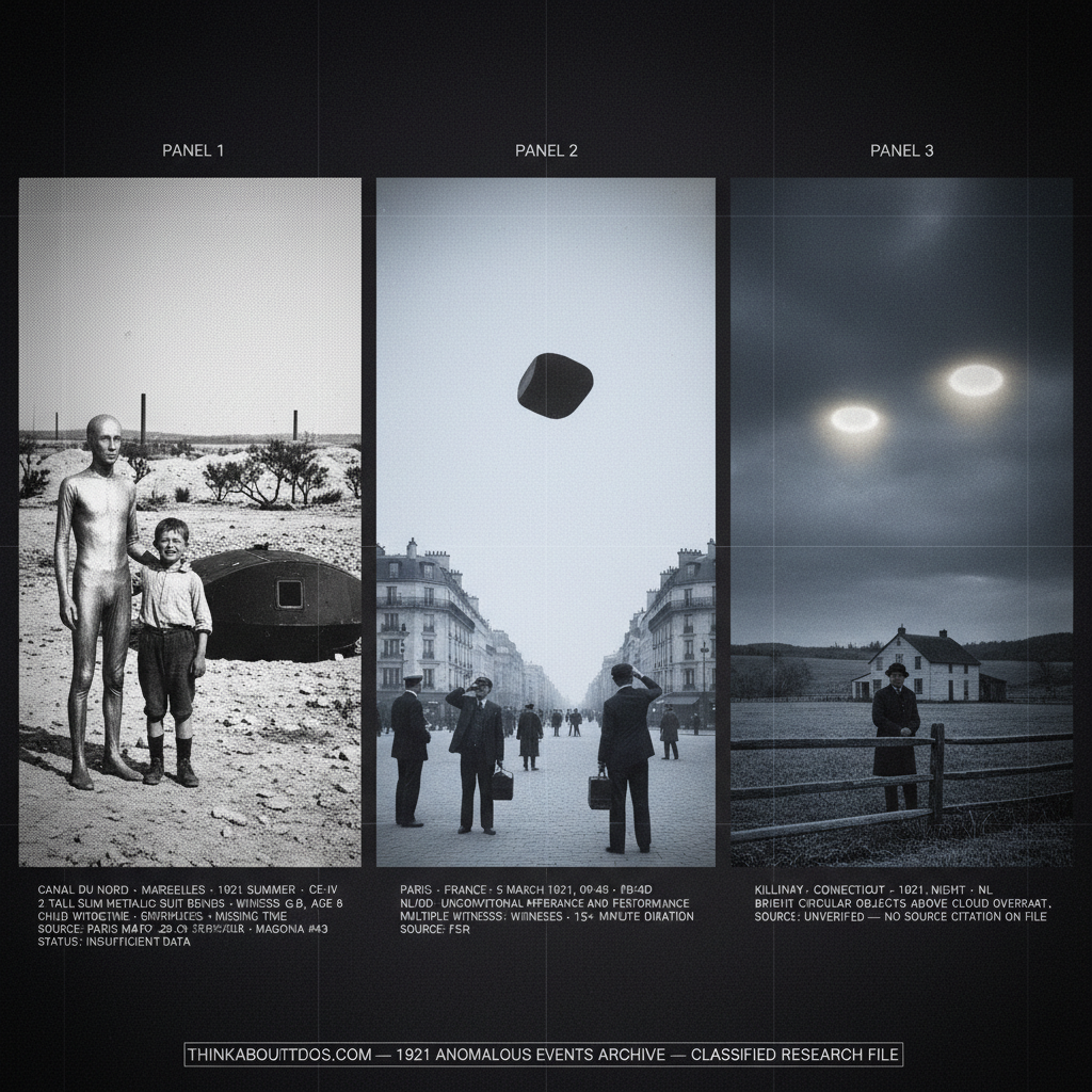 Three panel 1920s silver gelatin halftone intelligence dossier collage for the 1921 UFO UAP sightings archive showing left an eight-year-old boy crying and suspended between two very tall slim metallic-suited beings lifting him toward a dark rectangular-ported craft in the post-WWI industrial wasteland near the Canal du Nord outside Marseilles France in the summer of 1921 sourced to a 1954 Paris Match reader's letter, center multiple Parisian pedestrians including a gendarme stopped on a Haussmann boulevard looking up at a dark stationary unidentified object above the roofline in the pale morning sky for over fifteen minutes on March 5 1921, and right a Connecticut man at a split-rail fence at night watching diffuse circular glows press down through heavy overcast from bright circular objects above the cloud deck near Killingly
