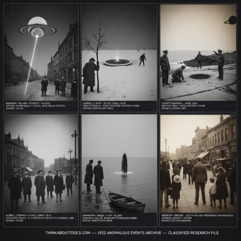 Five panel 1920s silver gelatin halftone intelligence dossier collage for the 1922 UFO UAP sightings archive showing left a Warsaw Poland crowd watching a large Saturn-shaped silvery object with rotating equatorial ring fire a cold white beam of light downward into the street in August 1922, upper center-left William C. Lamb pressed against a cottonwood tree watching a luminous-rimmed circular craft in a snowy Nebraska hollow as an eight-foot creature crosses the snowfield away from it at pre-dawn in February 1922, center John Morris and William James on the Barmouth Wales harbour wall watching a dark structured object descend in a controlled slow vertical entry into Cardigan Bay while their boat waits below in September 1922, upper center-right Irish Free State military officers examining a circular burn mark and ground impression on a rocky County Donegal Atlantic headland left by an observed object in April 1922, and right a crowd of Medford Oregon pedestrians stopped on a summer main street watching an unidentified dark form moving slowly above the building line in July 1922