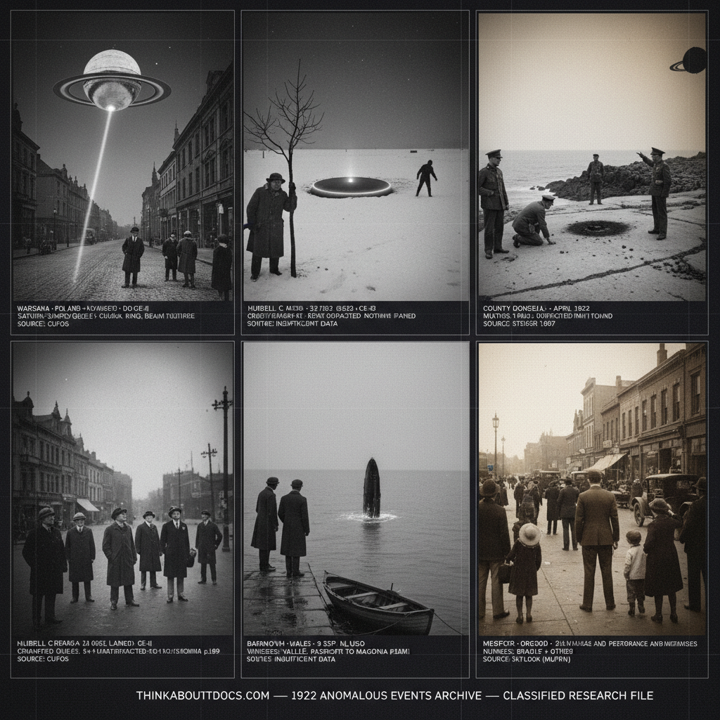 Five panel 1920s silver gelatin halftone intelligence dossier collage for the 1922 UFO UAP sightings archive showing left a Warsaw Poland crowd watching a large Saturn-shaped silvery object with rotating equatorial ring fire a cold white beam of light downward into the street in August 1922, upper center-left William C. Lamb pressed against a cottonwood tree watching a luminous-rimmed circular craft in a snowy Nebraska hollow as an eight-foot creature crosses the snowfield away from it at pre-dawn in February 1922, center John Morris and William James on the Barmouth Wales harbour wall watching a dark structured object descend in a controlled slow vertical entry into Cardigan Bay while their boat waits below in September 1922, upper center-right Irish Free State military officers examining a circular burn mark and ground impression on a rocky County Donegal Atlantic headland left by an observed object in April 1922, and right a crowd of Medford Oregon pedestrians stopped on a summer main street watching an unidentified dark form moving slowly above the building line in July 1922