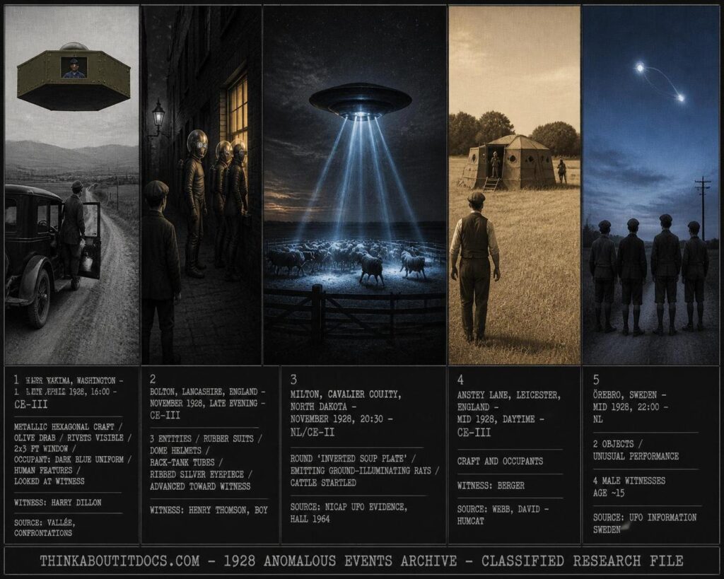 Five panel 1920s silver gelatin halftone intelligence dossier collage for the 1928 UFO UAP sightings archive showing left Harry Dillon half out of his 1920s car on an unpaved Yakima Washington road watching an olive drab riveted hexagonal dome craft with a framed rectangular window through which a dark-uniformed human-appearing occupant looks back at him in late April 1928, upper center-left young Henry Thomson frozen at the entrance to a dark Bolton Lancashire alley as three rubber-suited dome-helmeted tank-backed entities with ribbed silver eyepiece dividers turn from a lighted house window and begin advancing toward him in November 1928, center frightened cattle bolting from a North Dakota fence as cold blue-white illuminating rays from an inverted-soup-plate round craft strike the pasture ground below during its overhead pass near Milton in November 1928, upper center-right adult witness Berger in an English Midlands hayfield at close-range proximity to a structured craft and its occupants off Anstey Lane Leicester in mid 1928, and right four Swedish teenage boys watching two objects of unusual performance in the cold pale blue late-evening sky near Orebro in mid 1928