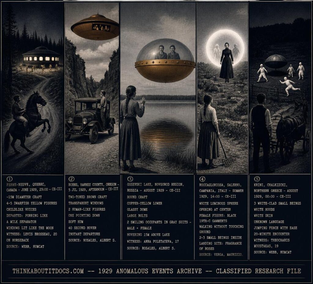 Five panel late 1920s silver gelatin halftone intelligence dossier collage for the 1929 UFO UAP sightings archive showing left Levis Brosseau on a panicking horse on a dark Quebec hillside road watching a large dark craft with warm golden moon-lit circumferential windows and four or five small yellowish figures running around it at Ferme-Neuve in June 1929, upper center-left a young man on the running board of a stopped Oregon automobile watching two human-like figures point downward from the transparent windows of a hovering two-toned brown craft above the Burns Harney County rim rocks in July 1929, center seventeen-year-old Anna Poletayeva frozen beside Gusevski Lake watching a round craft with a copper-yellow lower hull reflected in the water and two smiling gray-suited occupants visible through its glassy dome above the Novgorod region lake in August 1929, upper center-right a southern Italian farm girl watching a cold white luminous sphere dim to reveal an opening from which a floating female figure in black 19th-century garments emerges above a Roccagloriosa Salerno field in summer 1929 while small beings move inside, and right nineteen-year-old Theocharis Moustakas watching three cold-white-clad small beings leap easily over a fence and speak an unknown language near a parachute-shaped landed object in a Krini Chalkidiki Greece midnight field in August 1929