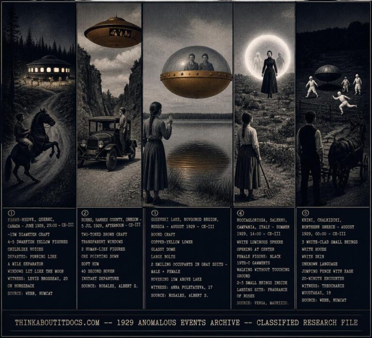 Five panel late 1920s silver gelatin halftone intelligence dossier collage for the 1929 UFO UAP sightings archive showing left Levis Brosseau on a panicking horse on a dark Quebec hillside road watching a large dark craft with warm golden moon-lit circumferential windows and four or five small yellowish figures running around it at Ferme-Neuve in June 1929, upper center-left a young man on the running board of a stopped Oregon automobile watching two human-like figures point downward from the transparent windows of a hovering two-toned brown craft above the Burns Harney County rim rocks in July 1929, center seventeen-year-old Anna Poletayeva frozen beside Gusevski Lake watching a round craft with a copper-yellow lower hull reflected in the water and two smiling gray-suited occupants visible through its glassy dome above the Novgorod region lake in August 1929, upper center-right a southern Italian farm girl watching a cold white luminous sphere dim to reveal an opening from which a floating female figure in black 19th-century garments emerges above a Roccagloriosa Salerno field in summer 1929 while small beings move inside, and right nineteen-year-old Theocharis Moustakas watching three cold-white-clad small beings leap easily over a fence and speak an unknown language near a parachute-shaped landed object in a Krini Chalkidiki Greece midnight field in August 1929