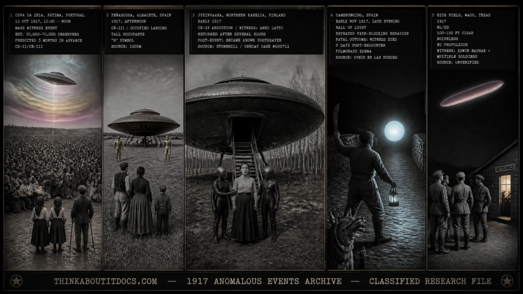 Five panel WWI era silver gelatin intelligence dossier collage for the 1917 UFO UAP sightings archive showing left the Fatima Cova da Iria mass witness event with a vast crowd watching a silver rotating disc emit color waves over Portugal on October 13 1917, upper center-left the Alguacil family observing two tall occupants in metallic suits beside a hat-shaped craft on landing legs in Peñascosa Albacete Spain, center Anni Lattu at the foot of a descent staircase from a grounded saucer flanked by two humanoids in a Karelia Finland birch forest in the first Fennoscandian abduction case, upper center-right Nicolas Sanchez Martin on a stone bridge confronting a chest-height ball of cold light blocking his path near Cambroncino Spain before his fatal nine-day illness, and right US Army soldiers at Rich Field Waco Texas watching a noiseless rose-colored cigar pass silently overhead at 500 feet