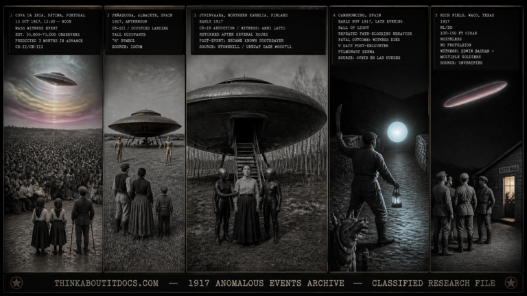 Five panel WWI era silver gelatin intelligence dossier collage for the 1917 UFO UAP sightings archive showing left the Fatima Cova da Iria mass witness event with a vast crowd watching a silver rotating disc emit color waves over Portugal on October 13 1917, upper center-left the Alguacil family observing two tall occupants in metallic suits beside a hat-shaped craft on landing legs in Peñascosa Albacete Spain, center Anni Lattu at the foot of a descent staircase from a grounded saucer flanked by two humanoids in a Karelia Finland birch forest in the first Fennoscandian abduction case, upper center-right Nicolas Sanchez Martin on a stone bridge confronting a chest-height ball of cold light blocking his path near Cambroncino Spain before his fatal nine-day illness, and right US Army soldiers at Rich Field Waco Texas watching a noiseless rose-colored cigar pass silently overhead at 500 feet