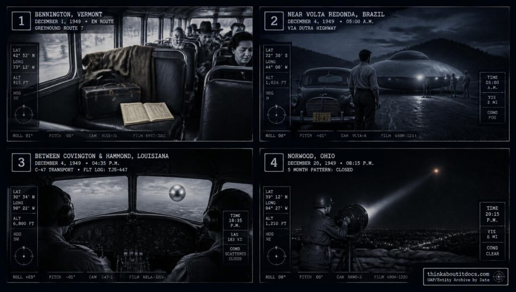 Four-panel dossier collage: the Tetford disappearance, the Volta Redonda Brazil abduction, the Louisiana C-47 sighting, and the final Norwood Ohio searchlight incident, all December 1949