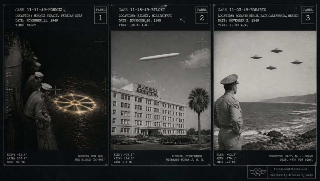 Three-panel dossier collage: the Hormuz Strait light wheel, the Biloxi Mississippi cigar object, and the Rosario Beach Mexico disc formation, all November 1949
