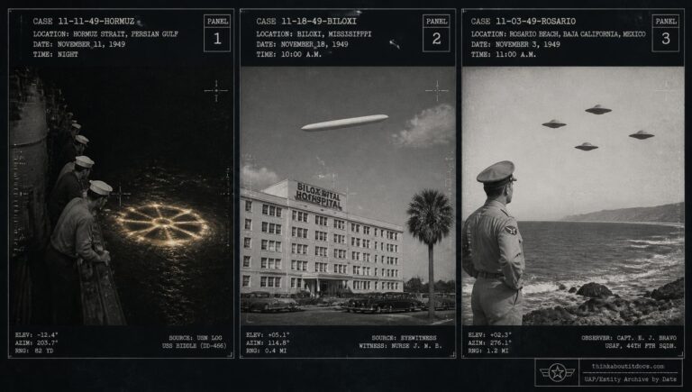 Three-panel dossier collage: the Hormuz Strait light wheel, the Biloxi Mississippi cigar object, and the Rosario Beach Mexico disc formation, all November 1949