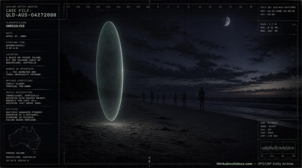 Illustration of the 2008 Fraser Island, Queensland encounter showing a translucent disc-shaped object above a beach and a row of silent humanoid figures in the distance