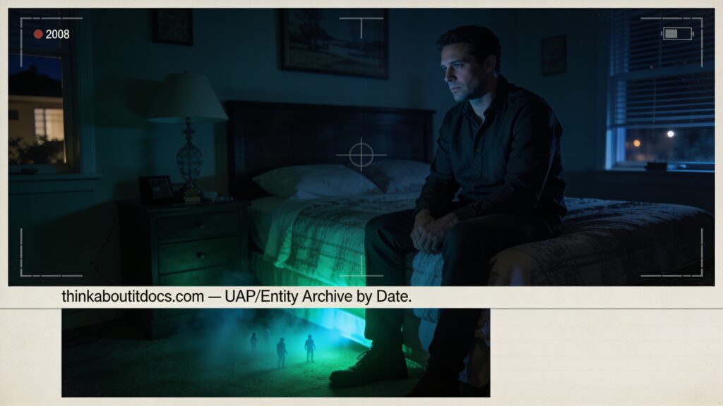 Dossier-style illustration of the 2008 Granada Hills, California abduction account showing a man sitting up in a dimly lit bedroom with a faint greenish glow near the foot of the bed
