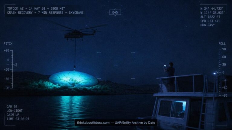 Dossier-style reconstruction of the May 14 2008 Topock Arizona UFO crash showing a turquoise-blue glowing oval object on the west bank of the Colorado River with a skycrane helicopter descending above it and a houseboat witness in the foreground