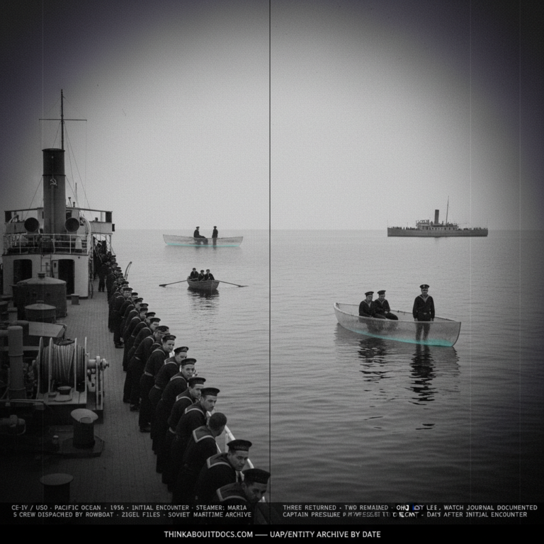 Two-panel 1930s press photography dossier for the 1936 Pacific Ocean steamer Maria CE-IV USO encounter: left panel shows the Soviet steamer Maria crew at the rail watching five sailors in a rowboat approach a low-profile semi-transparent anomalous vessel that has surfaced ahead; right panel shows three surviving sailors sitting inside a completely transparent boat on the flat Pacific as the Maria approaches days later, with one figure rising as if to stand — the sailor who will jump into the sea.