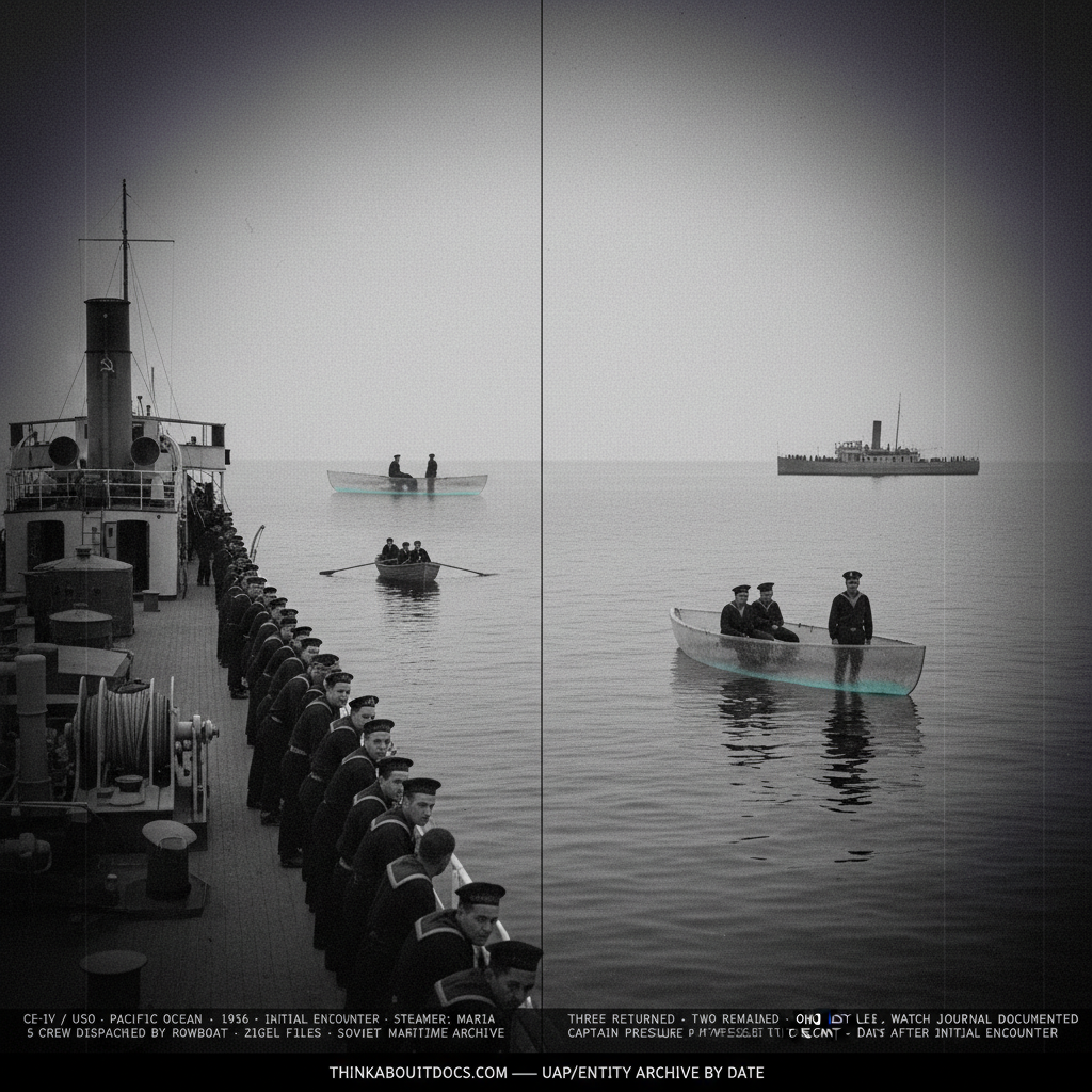 Two-panel 1930s press photography dossier for the 1936 Pacific Ocean steamer Maria CE-IV USO encounter: left panel shows the Soviet steamer Maria crew at the rail watching five sailors in a rowboat approach a low-profile semi-transparent anomalous vessel that has surfaced ahead; right panel shows three surviving sailors sitting inside a completely transparent boat on the flat Pacific as the Maria approaches days later, with one figure rising as if to stand — the sailor who will jump into the sea.