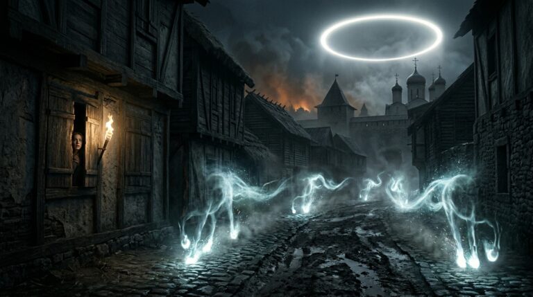 Medieval Slavic town of Polotsk Belarus at night 1092 CE showing only the glowing hooves of invisible horses in the street while a great circle of light dominates the sky above