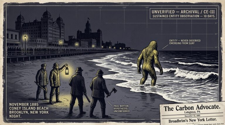 Single-panel intelligence archive illustration showing three armed men with lanterns and clubs watching from Coney Island beach as a hairy human-proportioned figure with waist-length head hair and long yellow body hair stands knee-deep in the Atlantic surf preparing to submerge on a dark November 1885 night while additional watchers are visible in the distant background on the darkened off-season boardwalk