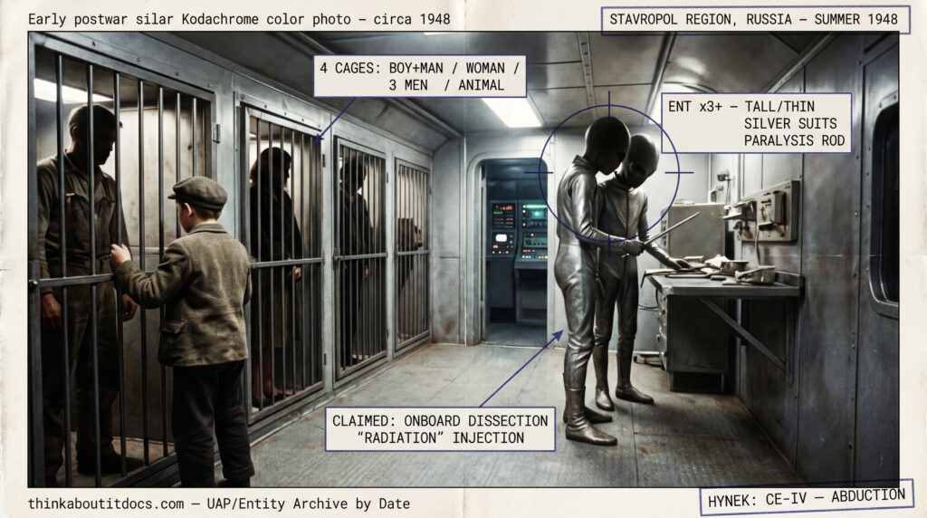 Single panel intelligence dossier image for the Summer 1948 Stavropol North Caucasus Russia abduction rendered in muted late-1940s color showing a dim narrow metallic chamber aboard a craft with four barred metal cages along one wall, a small boy in 1940s peasant clothing and a grown man in worker's clothing together in the nearest cage with the man steadying the boy and only indistinct shadowed shapes of a large animal and huddled human figures in the others, while two very tall thin humanoid figures in dull silver suits stand by a wall-mounted fold-out table turned away in shadow with a closed metallic box at their feet and one alien holding a slender paralysis rod, kept clinical and non-graphic, with HUD overlays marking the three-plus tall thin silver-suited entities and their paralysis rod, the four cages holding the boy and man a woman three men and an animal, the claimed onboard dissection and radiation injection, the stated alien motive of seeking radioactive material and studying humanity after 1945, the CE-IV abduction classification, the single anonymized witness V.Z. who reported it about fifty years later, the Cross of Centaurs Rostov 2001 and Rosales source, and the Insufficient Data status, with a lower strip reading thinkaboutitdocs.com — UAP/Entity Archive by Date