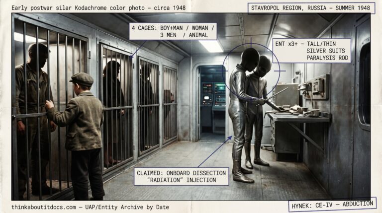 Single panel intelligence dossier image for the Summer 1948 Stavropol North Caucasus Russia abduction rendered in muted late-1940s color showing a dim narrow metallic chamber aboard a craft with four barred metal cages along one wall, a small boy in 1940s peasant clothing and a grown man in worker's clothing together in the nearest cage with the man steadying the boy and only indistinct shadowed shapes of a large animal and huddled human figures in the others, while two very tall thin humanoid figures in dull silver suits stand by a wall-mounted fold-out table turned away in shadow with a closed metallic box at their feet and one alien holding a slender paralysis rod, kept clinical and non-graphic, with HUD overlays marking the three-plus tall thin silver-suited entities and their paralysis rod, the four cages holding the boy and man a woman three men and an animal, the claimed onboard dissection and radiation injection, the stated alien motive of seeking radioactive material and studying humanity after 1945, the CE-IV abduction classification, the single anonymized witness V.Z. who reported it about fifty years later, the Cross of Centaurs Rostov 2001 and Rosales source, and the Insufficient Data status, with a lower strip reading thinkaboutitdocs.com — UAP/Entity Archive by Date