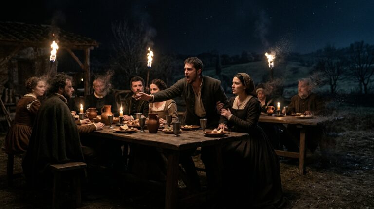A 16th century Roman man at a night gathering banquet reaching for salt while his wife watches in horror as the entire gathering of people and tables begins to dissolve around him at the moment he invokes God's name — the 1526 Rome Italy abduction documented by Inquisitor Paulus Grillandus