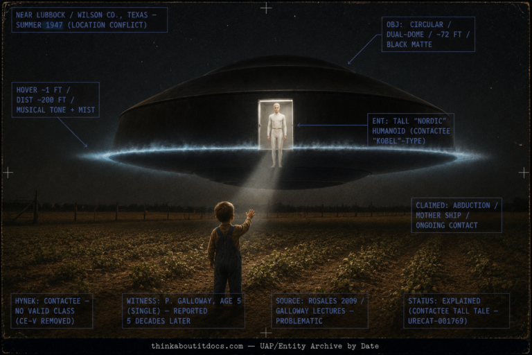 Single panel intelligence dossier image for the Summer 1947 near Lubbock Wilson County Texas contactee claim rendered in muted early-postwar color showing a large circular dual-domed black matte craft about seventy-two feet across hovering a foot above a flat dark West Texas peanut field roughly two hundred feet away, ringed by a soft pale blue-white mist with an open square doorway of white light in which a tall human-looking Nordic figure in pale garments with a thin gold belt and platinum-silver hair sends a soft beam of light toward a small child seen from behind, with HUD overlays marking the circular dual-dome craft, the one-foot hover and musical tone and mist, the tall contactee-type Nordic entity, the claimed abduction and mother ship and ongoing contact, the location conflict between Lubbock and Wilson County, the removal of the invalid CE-V classification, the single five-year-old witness who reported the event five decades later, the problematic Rosales and Galloway-lecture sources, and the Explained contactee-tall-tale status under URECAT-001769, with a lower strip reading thinkaboutitdocs.com — UAP/Entity Archive by Date