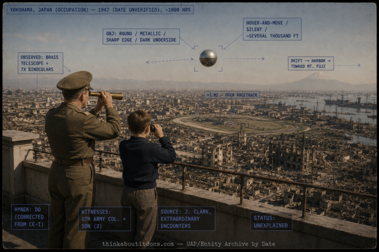 Single panel intelligence dossier image for the 1947 Yokohama Japan sighting rendered in muted early-postwar color showing a flat rooftop deck on the Bluff above Yokohama where a U.S. Army colonel in 1940s uniform holds a brass telescope and a young boy beside him holds binoculars, both looking out over a bomb-devastated cityscape of burned-out ruins with a spared horse racing track and a harbor of sunken ships and the faint cone of Mount Fuji on the horizon under a pale morning sky, while a single round metallic soccer-shaped object with a sharp edge and darker underside hovers about a mile out over the racetrack, with HUD overlays marking the round metallic sharp-edged object, its silent hover-and-move survey behavior at several thousand feet, the one-mile range, the drift toward the harbor and Mount Fuji, the brass-telescope-and-binoculars observation, the date flagged unverified, the classification corrected from CE-I to DD, the two witnesses an 8th Army colonel and his son, the Jerome Clark Extraordinary Encounters source, and the Unexplained status, with a lower strip reading thinkaboutitdocs.com — UAP/Entity Archive by Date