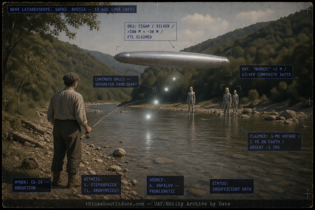 Single panel intelligence dossier image for the August 18 1948 Lazarevskoye Sochi Russia abduction rendered in muted late-1940s color showing a small clear mountain river in a wooded Black Sea coastal valley where a lone man in 1940s clothing with a fishing rod turns toward a large silver cigar-shaped craft more than a hundred meters long hovering low over the river with several pale luminous balls of light drifting from its underside toward him and two or three tall blond figures in single-piece silver composite suits standing calmly nearby, with HUD overlays marking the silver cigar craft and its claimed faster-than-light travel, the luminous balls separated from the craft, the tall Nordic entities in silver suits, the claimed three-month voyage that cost a year on Earth with the witness absent about three years, the CE-IV abduction classification, the single anonymized witness Valentin Stepanovich, the problematic Anton Anfalov source, and the Insufficient Data status, with a lower strip reading thinkaboutitdocs.com — UAP/Entity Archive by Date