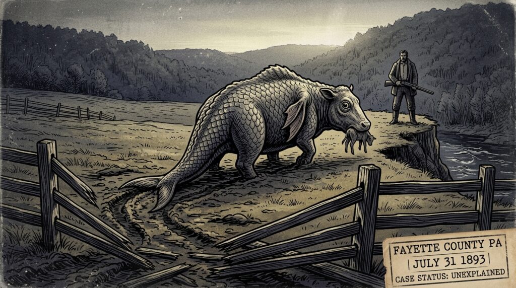 Illustration of the 1893 Fayette County Pennsylvania monster sighting showing a large scaled aquatic creature with a forked tail and horse-sized head carrying a stolen calf toward the cliff above Seltzer's Hole on the Cheat River while a lone farmer watches from the cliff edge with a shotgun
