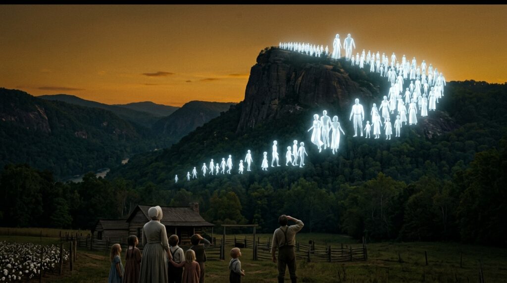 Chimney Rock North Carolina at dusk on August 7 1806 with hundreds of glittering brilliant white humanoid beings of every size rising from the mountain's south face and collecting in organized formations at the summit while the Reaves family and reluctant neighbor Robert Siercy watch from the farm below