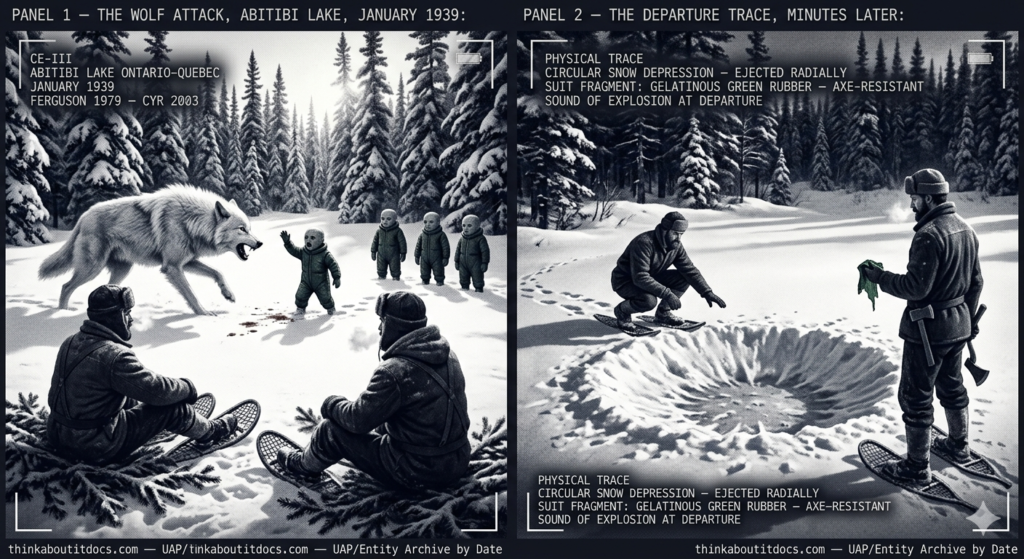 Two-panel 1930s boreal winter press photography dossier for the January 1939 Abitibi Lake Ontario Quebec CE-III: left panel shows two lumberjacks on snowshoes watching in horror as an enormous white wolf attacks and begins to dismember a small flat-headed 80cm being in a dark-green puffy suit from a group of six identical beings standing motionless in deep snow with no breath vapour at -60°F with brown blood on white snow; right panel shows the same two lumberjacks at the edge of a circular snow depression where snow has been ejected radially outward as one crouches examining it and the other holds a recovered fragment of gelatinous green suit material.