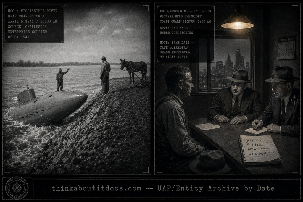 Two-panel 1941 WWII-era press photography dossier for the Charleston Missouri USO encounter: left panel shows a grey submarine-like vessel nosing up a sloping rip-rapped Mississippi River levee bank near Charleston as a Black man on the deck waves to a Black farmer standing at the bank edge who is deciding whether to board; right panel shows the same farmer sitting calmly across a St. Louis office table from two 1941 FBI agents with notepads as he maintains his unchanged story after being picked up by Coast Guardsmen at 3 AM and transported for federal questioning.