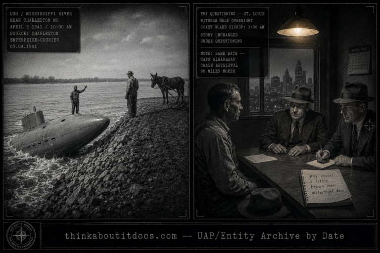 Two-panel 1941 WWII-era press photography dossier for the Charleston Missouri USO encounter: left panel shows a grey submarine-like vessel nosing up a sloping rip-rapped Mississippi River levee bank near Charleston as a Black man on the deck waves to a Black farmer standing at the bank edge who is deciding whether to board; right panel shows the same farmer sitting calmly across a St. Louis office table from two 1941 FBI agents with notepads as he maintains his unchanged story after being picked up by Coast Guardsmen at 3 AM and transported for federal questioning.