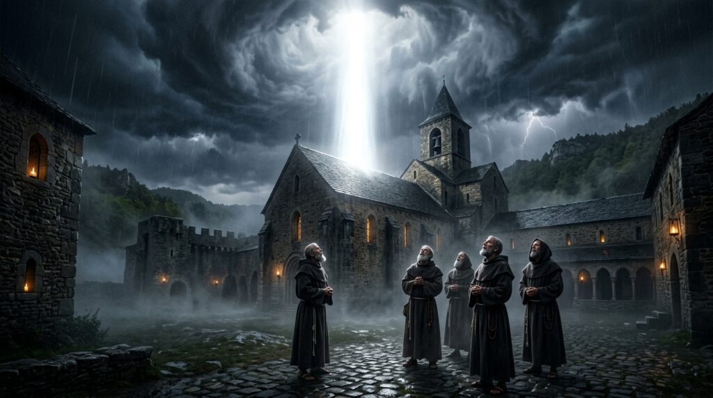 Medieval monastery at Faremoutiers-en-Brie France with great light descending from heaven as witnessed by monks in 640 CE during the entity encounter of Princess Earcongota