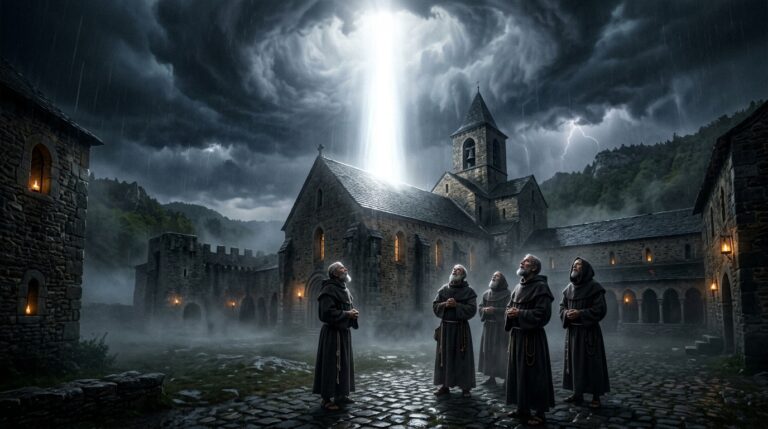 Medieval monastery at Faremoutiers-en-Brie France with great light descending from heaven as witnessed by monks in 640 CE during the entity encounter of Princess Earcongota