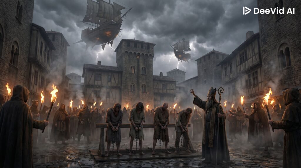 Medieval crowd in Lyons France 815 CE surrounding four captives accused of arriving from Magonian cloud ships while Archbishop Agobard intervenes to save their lives
