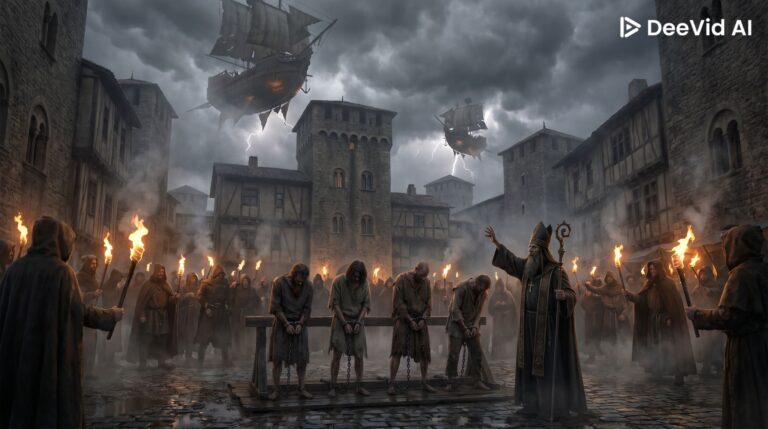 Medieval crowd in Lyons France 815 CE surrounding four captives accused of arriving from Magonian cloud ships while Archbishop Agobard intervenes to save their lives