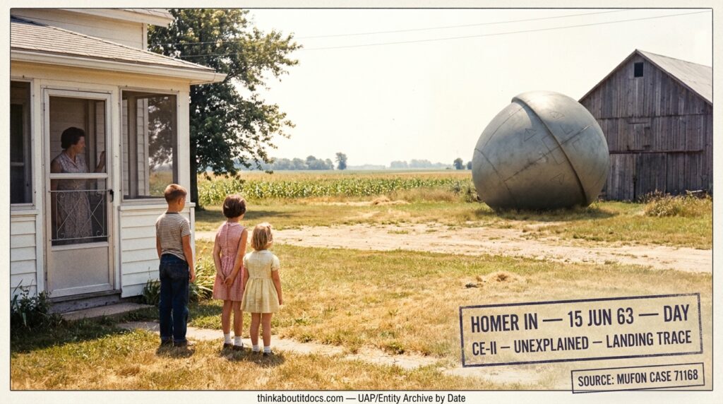 Dossier-style reconstruction of the June 1963 Homer Indiana CE-II showing an acorn-shaped gray metallic object with paneled markings sitting on the ground in a farm barn lot while family members watch from the front yard