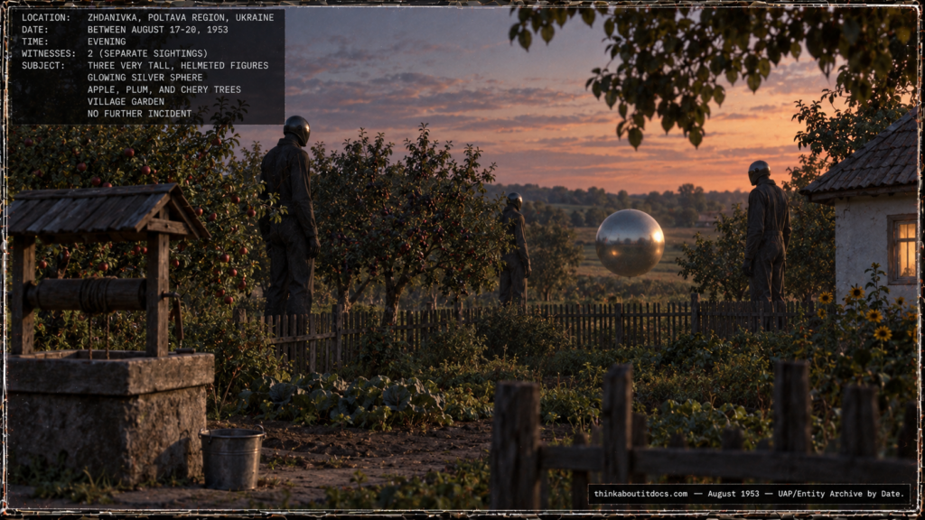 Illustration of three extremely tall helmeted figures among fruit trees in a Ukrainian village garden with a glowing silver sphere nearby, August 1953