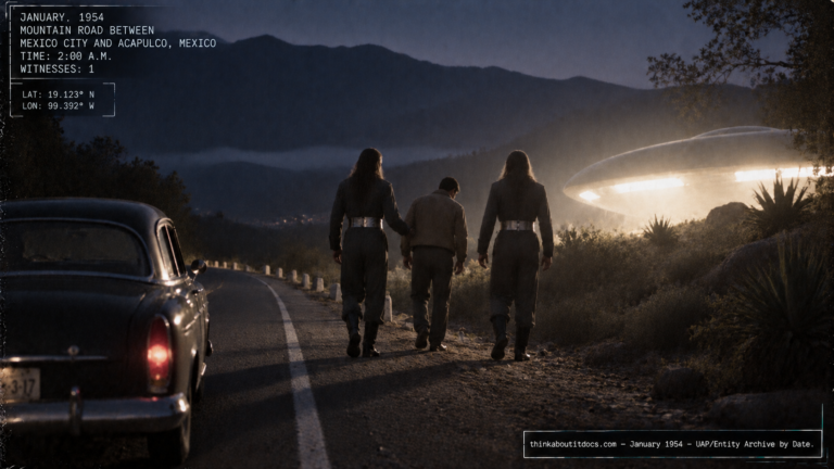 Illustration of a man walking toward a brightly lit craft escorted by long-haired figures on a Mexican mountain highway before dawn, January 1954