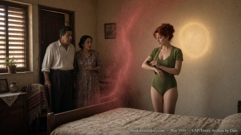 Illustration of a woman generating a wall of red mist and a circle of golden light in a Peruvian bedroom, Ayacucho, Peru, May 1954