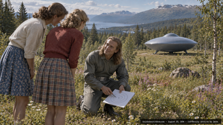 Illustration of a smiling coveralled stranger drawing a solar system diagram for two women near a lens-shaped craft, Ceydalen, Norway, August 20, 1954
